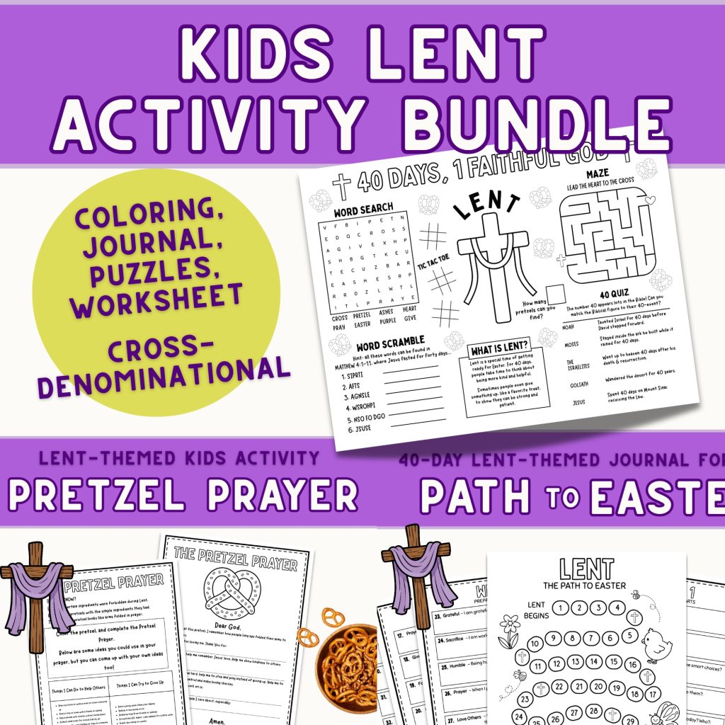 Kids Activity Lent Bundle on Etsy, worksheets, puzzles, journalling and more