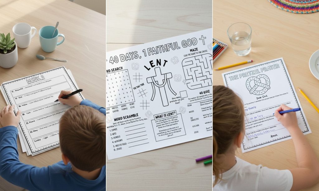 Three pictures side by side feauting various printable Lent activities for kids, including a child working on their printable lent journal devotional, a flatlay of a lent activity placemant, and a child working on their pretzel prayer worksheet